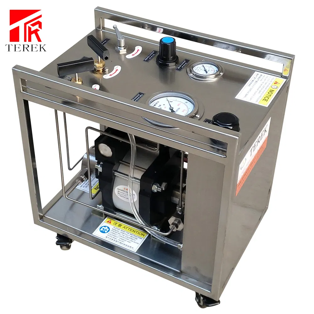 Terek Tragbarer, luftbetriebener hydraulischer Prüfstand mit Edelstahlrahmen für Rohre und Schläuche. Hydrostatischer Zylindertester